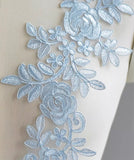 WLight Blue Lace Applique 3 Pairs, Wedding Dress Embroidered Floral Bridal Motif Patch