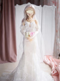 1:3 Scale Doll Wedding Dress Handmade Miniature Mermaid Bridal Lace Gown Veil Outfit