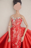 Handmade 1:6 Scale Doll Dress Miniature Red Lace Evening Gown with Rhinestones Details