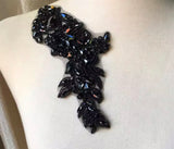 Black Beaded Lace Applique Pair, Rhinestones Costume Dress Bodice Motif Patch