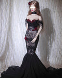 Craftuneed 1:6 Scale Doll Black Lace Mermaid Evening Gown Gothic Style Black Dress with Red Floral Accents For Fashion Dolls Handmade