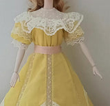 Craftuneed Handmade 1:6 miniature Vintage inspired yellow doll lace dress with delicate ruffle details fit to 28cm - 32cm height dolls