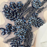 Dark Navy Blue Beaded Lace Applique Pair Floral Rhinestone Embroidery Motif Patch