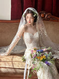 Craftuneed Vintage Inspired Long Ivory Bridal Wedding Veil with Embroidered Lace Trim Available 1.5m to 3m Cathedral Veil