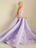 Handmade 1:6 Scale Lilac Purple Satin Beaded Doll Dress Miniature Couture Floral Gown