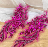 Fuchsia Pink Beaded Lace Applique Pair Floral Rhinestone Embroidery Motif Patch