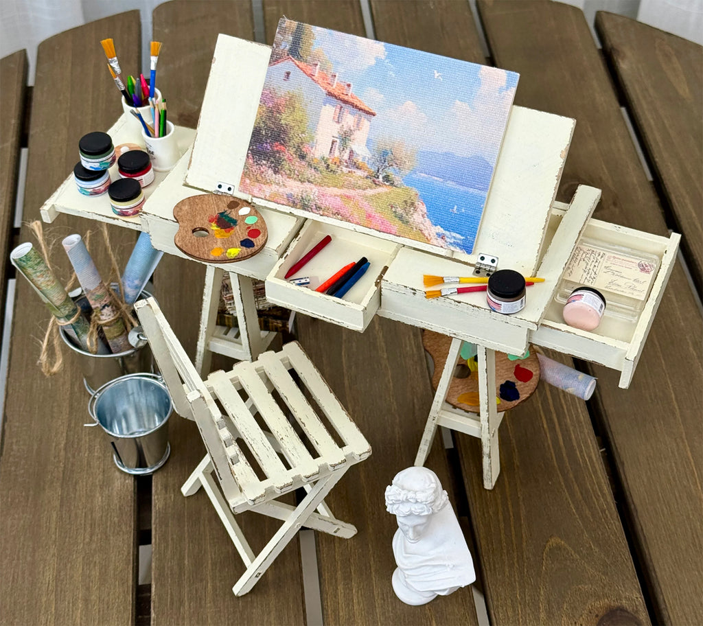 1:6 Scale Dollhouse Artist Easel Desk & Chair Miniature Art Studio Furniture Props Set