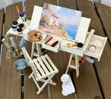 1:6 Scale Dollhouse Artist Easel Desk & Chair Miniature Art Studio Furniture Props Set