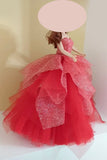 Handmade 1:6 Scale Doll Ball Gown Miniature Red Glitter Doll Dress with Petticoat