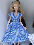 Craftuneed 1:6 Scale White Blue Striped High Low Hem & Ruffle Retro Doll Dress Handmade