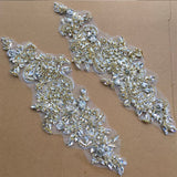 Rhinestone Lace Applique Pair, Bridal Wedding Beaded Motif Patch, Silver White or Gold