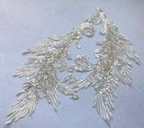 Ivory Sequin Lace Applique Pair Large Bridal Embroidered Motif Patch For Costume DIY