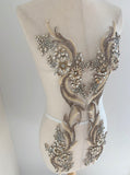 A Pair of Ivory Beige Rhinestone Applique Phoenix Tail Beaded Silver Faux Crystal Embellishments for Dressmaking Dance Costumes DIY