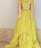 Handmade 1:6 Scale Doll Dress Miniature Yellow Chiffon Evening Gown with Necklace