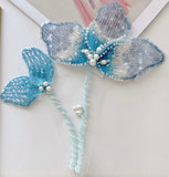 Blue Beaded Floral Lace Applique Bridal Sequin Faux Pearl Flower Motif Patch