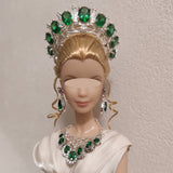1:6 Scale Doll Necklace Earrings Crown Set Miniature Green Rhinestone Jewellery