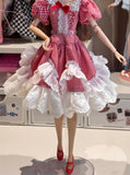 1:6 Scale Doll Victorian Style Dress Miniature Red White Lace Gown Outfit Handmade