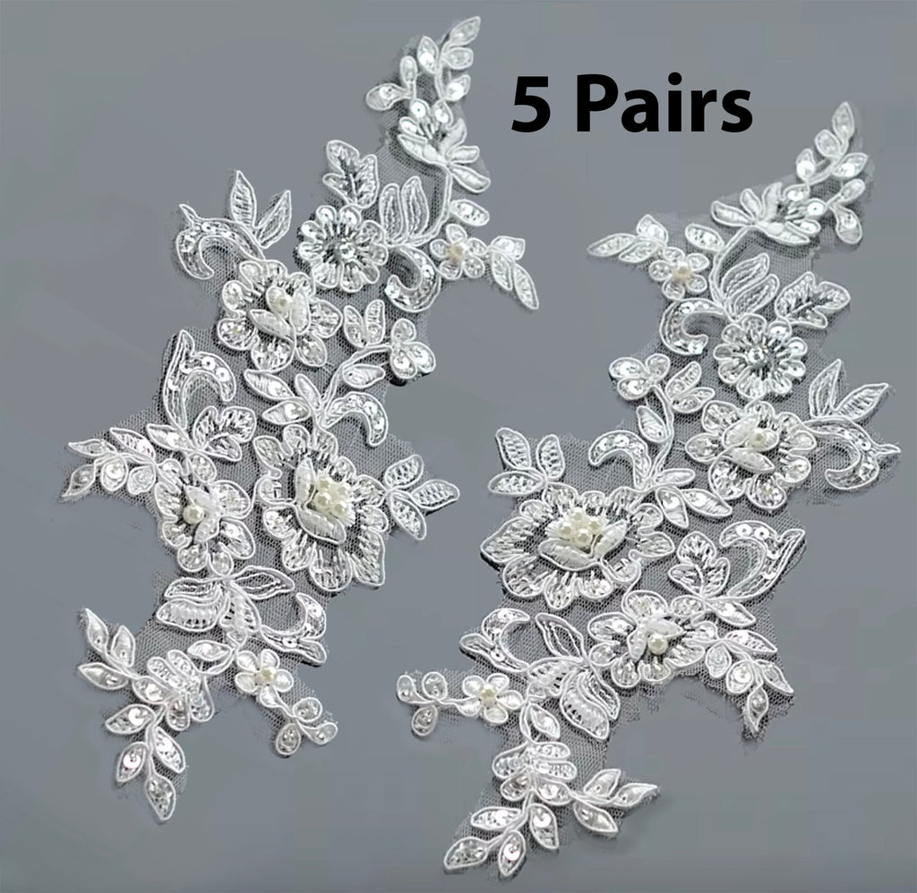 5 Pairs Ivory or White Beaded Lace Applique Floral Sequins Embroidered Bridal Motif Patch