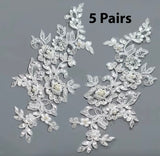 5 Pairs Ivory or White Beaded Lace Applique Floral Sequins Embroidered Bridal Motif Patch