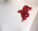 Red Beaded Rhinestone Lace Applique Pair, Bridal Costume Faux Crystal Motif Patch