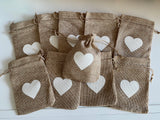 Craftuneed Bundle 10pcs Brown White Heart Print Drawstring Gift Bag Natural Linen Pouch Bag