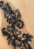 Black Beaded Lace Applique Pair Sequins Floral Embroidery Lace Motif Patch For Dressmaking