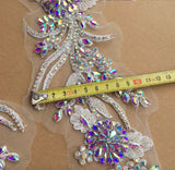 AB Rhinestone Lace Applique Pair Ivory Floral Beaded Bridal Motif Embroidery Patch
