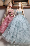 Craftuneed 1:6 Scale Luxury Blue Green Miniature Doll Ball Gown Dress with Rhinestone Bodice Petticoat &amp; Necklace for fashion Dolls Handmade