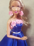 Handmade 1:6 Scale Floral Doll Dress Miniature Dark Blue Satin Gown with Earrings
