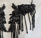 Black Rhinestone Fringe Lace Applique Pair – Beaded Tassel Sewing Trim, Craft Supply