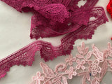 Craftuneed Job lot 9pcs sew on red baby pink floral lace applique motif button loops purple lace trim