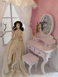 Craftuneed 1:6 scale Miniature Dollhouse Vanity Room Scene Includes Dressing Table Stool, Chandelier, Curtain, Dust Cover For Fashion Dolls