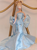 Handmade Doll Evening Gown With Bow Miniature Light Blue Satin Dress 1:6 Scale