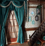 Handmade Miniature Dollhouse Curtain Victorian Style 1:6 Scale Green & Gold Drapes