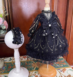 Handmade Doll Dress & Headpiece Set Black Lace Embroidery Outfit - 1/6, 1/4, 1/3 Scale