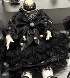 Handmade Doll Dress & Headpiece Set Black Lace Embroidery Outfit - 1/6, 1/4, 1/3 Scale