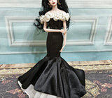 Craftuneed 1:6 Scale Miniature Black Mermaid Evening Doll Gown Handmade Off-Shoulder Dress with Rose Bodice For Fashion Dolls Available in Purple