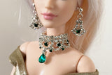 Craftuneed Luxury 1:6 miniature doll necklace earring set Green gem stone dollhouse Faux diamond jewellery Handmade