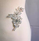 White Beaded Rhinestone Lace Applique Pair, Bridal Wedding Faux Crystal Motif Patch