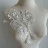 Beaded Floral Lace Applique, Sequin Embroidery Patch, Ivory Bridal Tulle Motif
