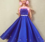 Handmade 1:6 Scale Floral Doll Dress Miniature Dark Blue Satin Gown with Earrings