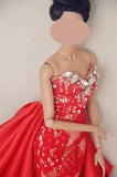 Handmade 1:6 Scale Doll Dress Miniature Red Lace Evening Gown with Rhinestones Details
