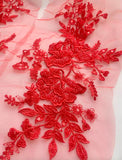 Red Beaded Floral Lace Applique Embroidery Sequins Motif Patch Luxury (4 Pairs)