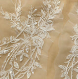 Ivory Beaded Sequin Lace Applique Pair Bridal Floral Embroidered Tulle Motif Patch