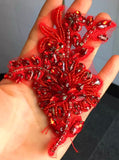 Red Beaded Rhinestone Lace Applique Pair, Bridal Costume Faux Crystal Motif Patch
