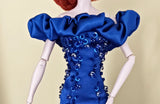 Craftuneed 1:6 Scale miniature doll Royal Blue Ball Gown Dress Beaded Evening Dress with Ruffle and Rose Details