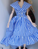 Craftuneed 1:6 Scale White Blue Striped High Low Hem & Ruffle Retro Doll Dress Handmade