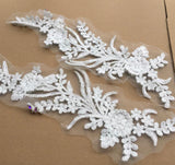 AB Rhinestone Lace Applique Pair Ivory Floral Beaded Bridal Motif Embroidery Patch
