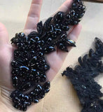Black Beaded Lace Applique Pair, Rhinestones Costume Dress Bodice Motif Patch