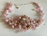Craftuneed Handmade Pink Beaded Lace Necklace Faux Pearl Embroidered Floral Choker for Fairycore, Wedding or Costume Crafts